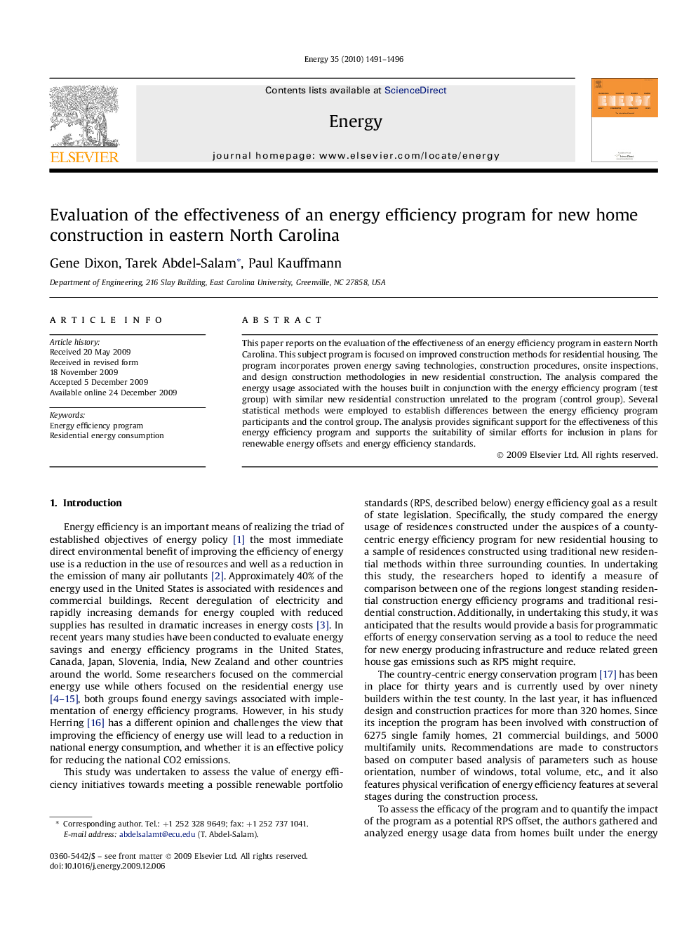 Evaluation of the effectiveness of an energy efficiency program for new home construction in eastern North Carolina