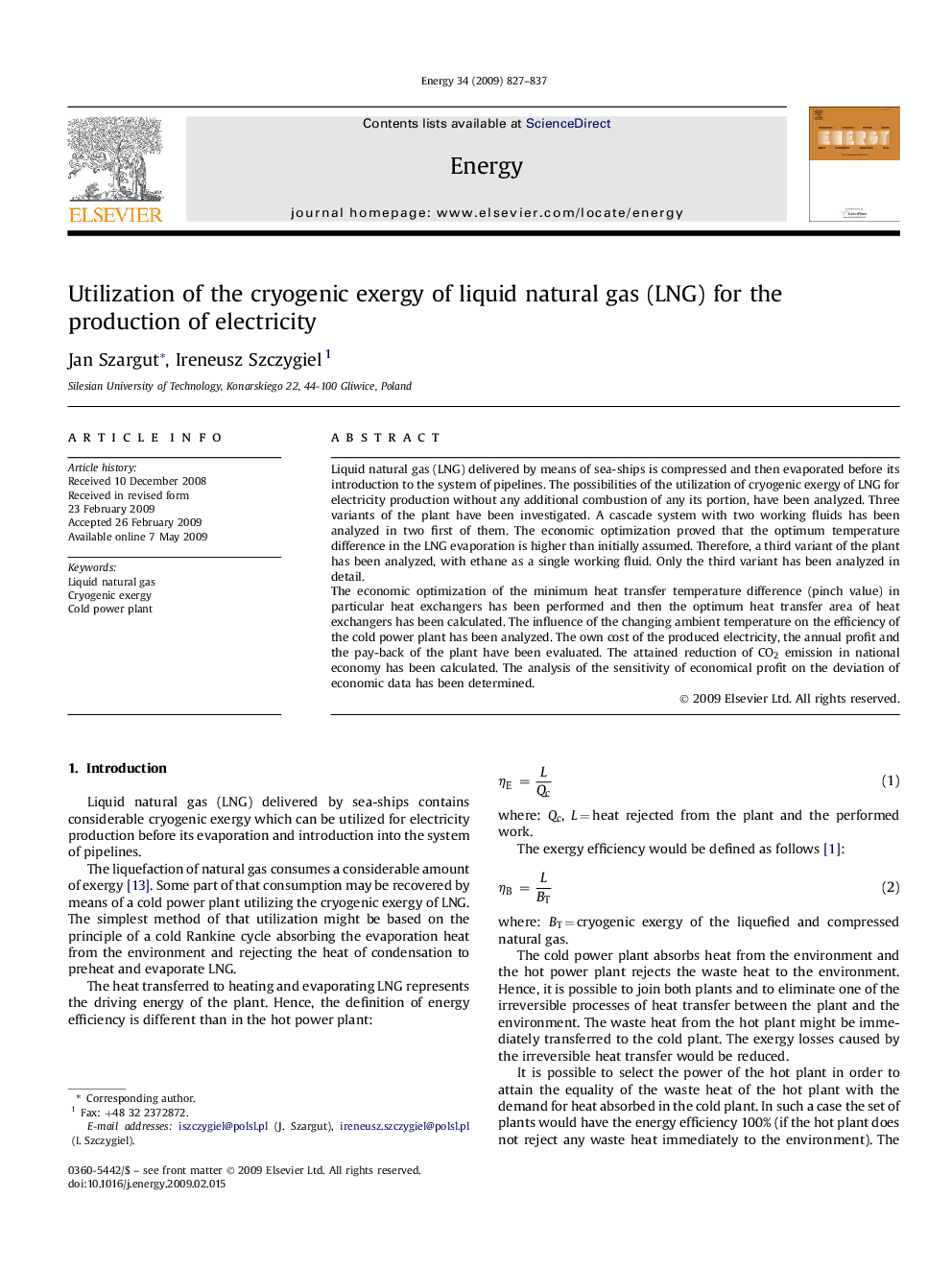 Utilization of the cryogenic exergy of liquid natural gas (LNG) for the production of electricity