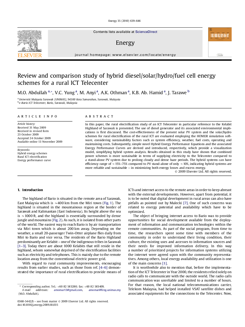 Review and comparison study of hybrid diesel/solar/hydro/fuel cell energy schemes for a rural ICT Telecenter