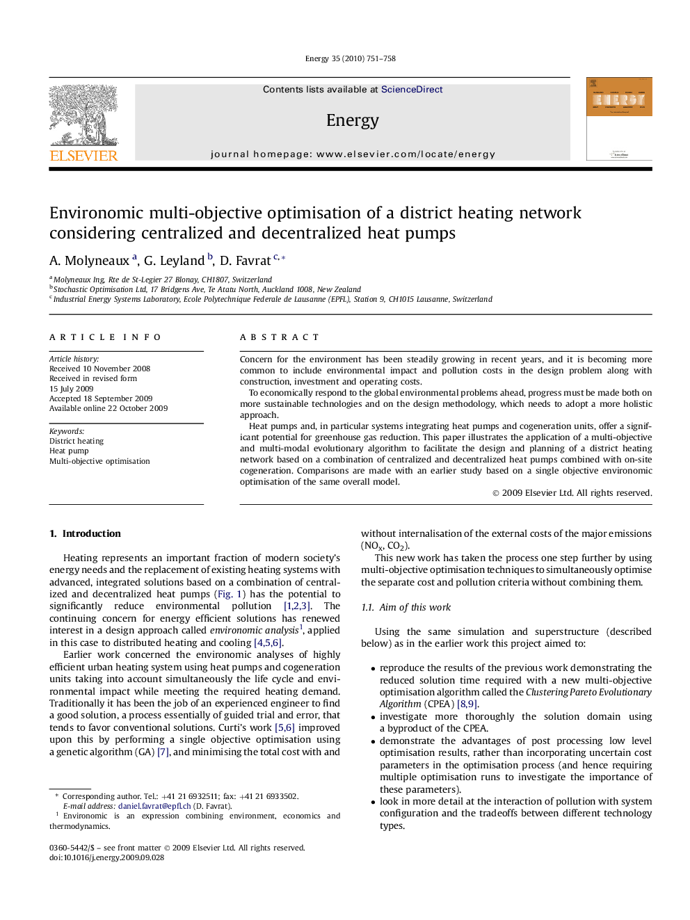 Environomic multi-objective optimisation of a district heating network considering centralized and decentralized heat pumps