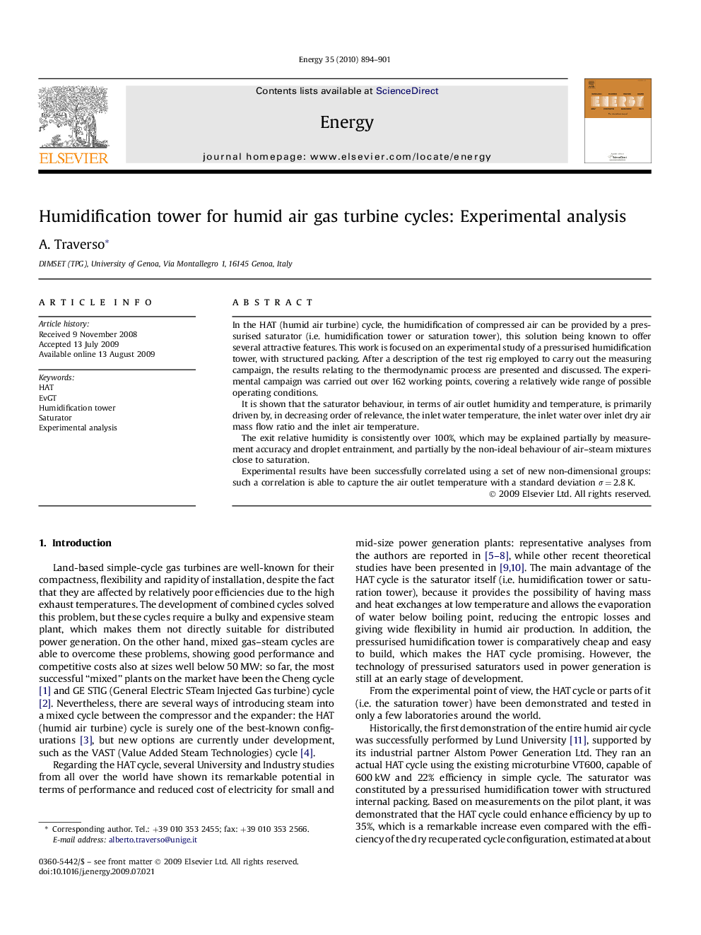 Humidification tower for humid air gas turbine cycles: Experimental analysis