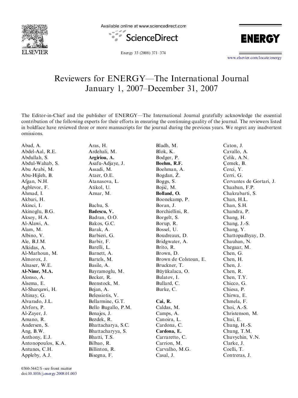 Reviewers for ENERGY - The International Journal January 1, 2007-December 31, 2007