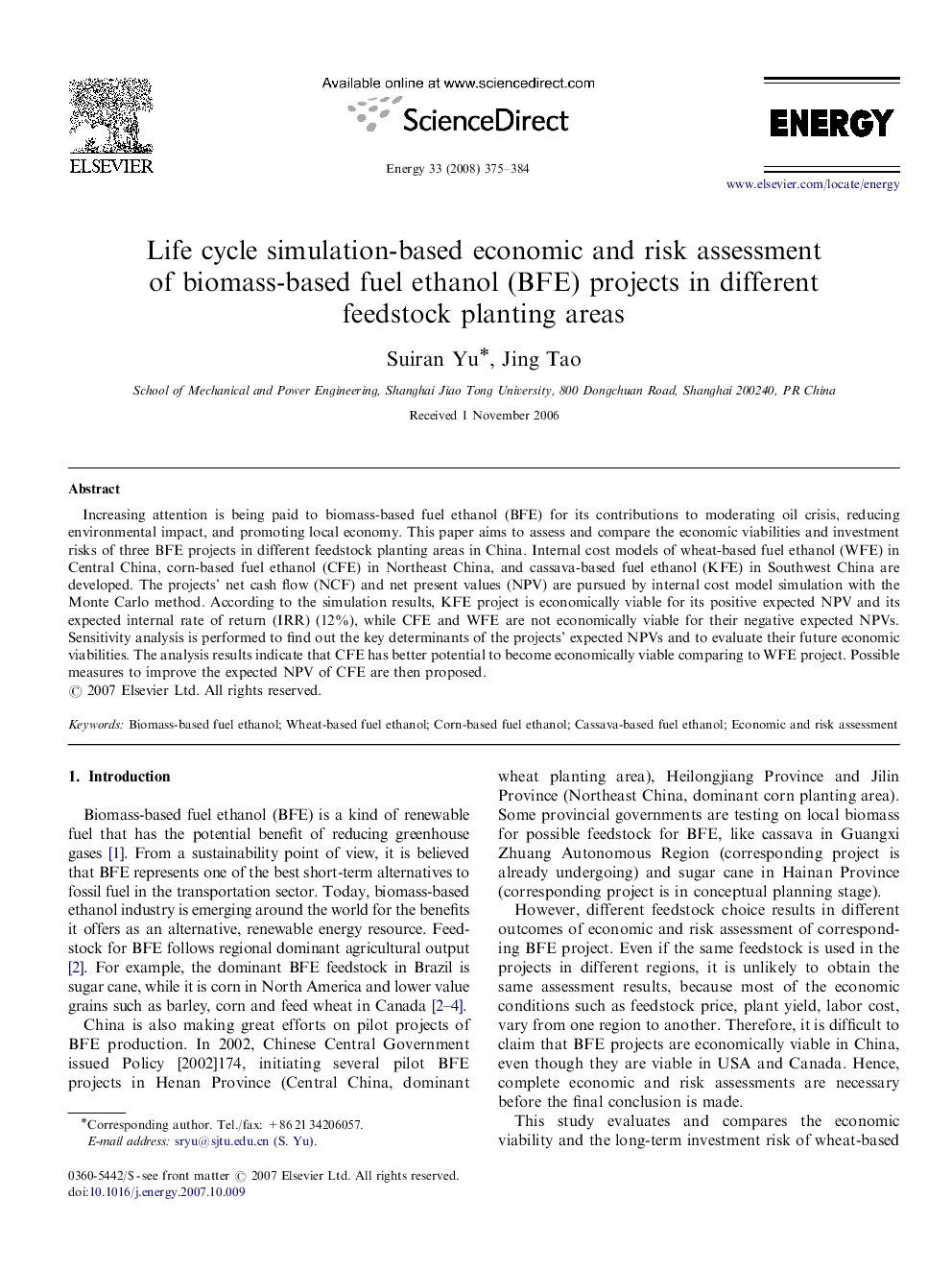 Life cycle simulation-based economic and risk assessment of biomass-based fuel ethanol (BFE) projects in different feedstock planting areas