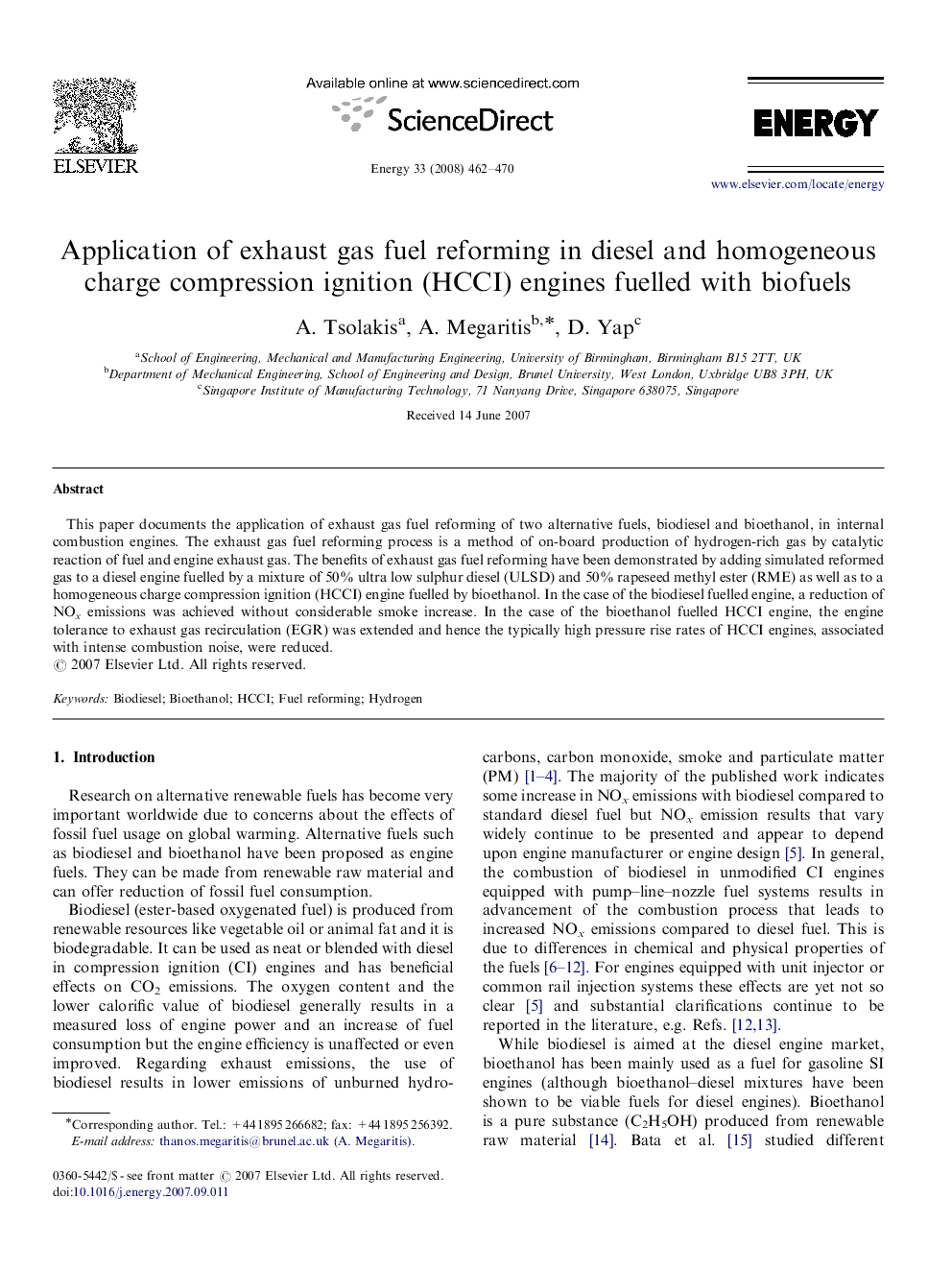 Application of exhaust gas fuel reforming in diesel and homogeneous charge compression ignition (HCCI) engines fuelled with biofuels