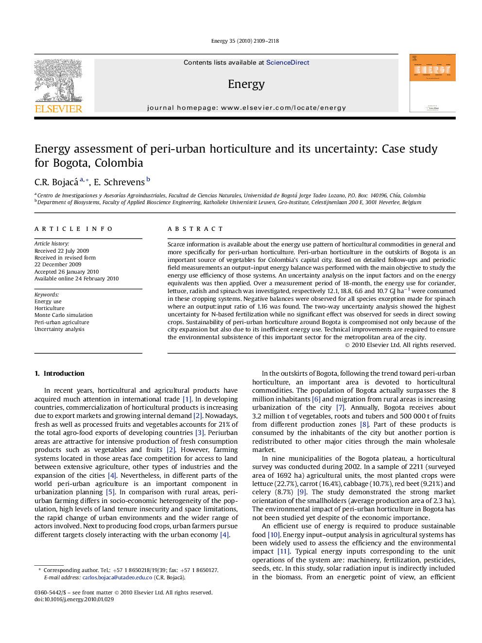 Energy assessment of peri-urban horticulture and its uncertainty: Case study for Bogota, Colombia