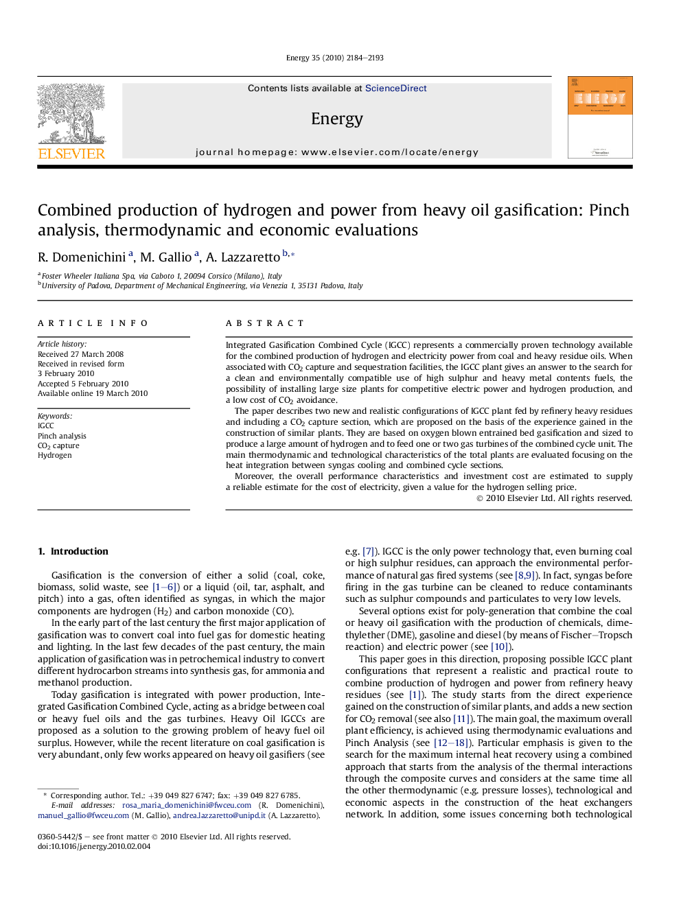 Combined production of hydrogen and power from heavy oil gasification: Pinch analysis, thermodynamic and economic evaluations