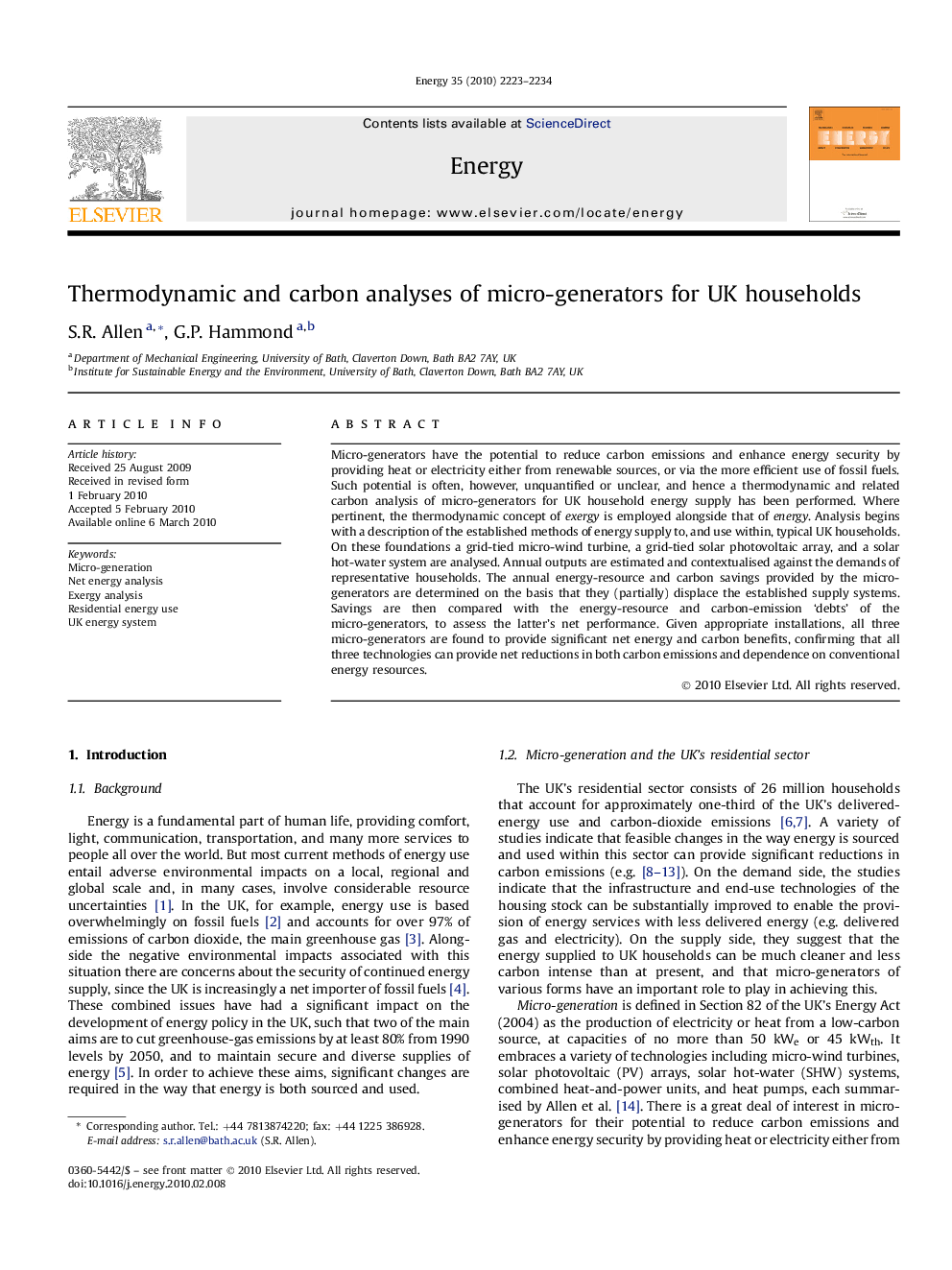 Thermodynamic and carbon analyses of micro-generators for UK households