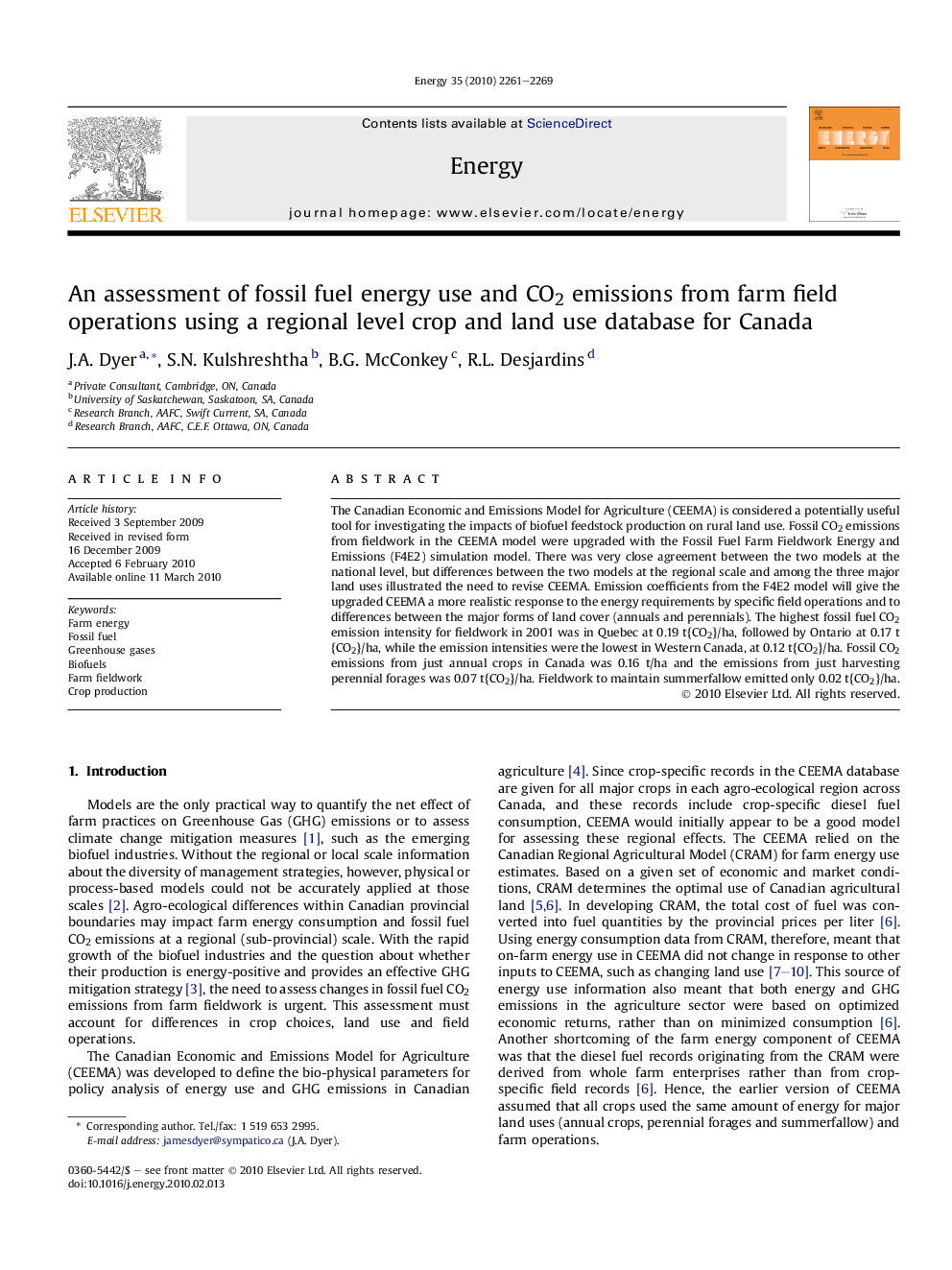 An assessment of fossil fuel energy use and CO2 emissions from farm field operations using a regional level crop and land use database for Canada