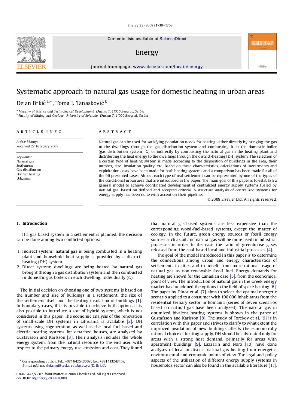 Systematic approach to natural gas usage for domestic heating in urban areas