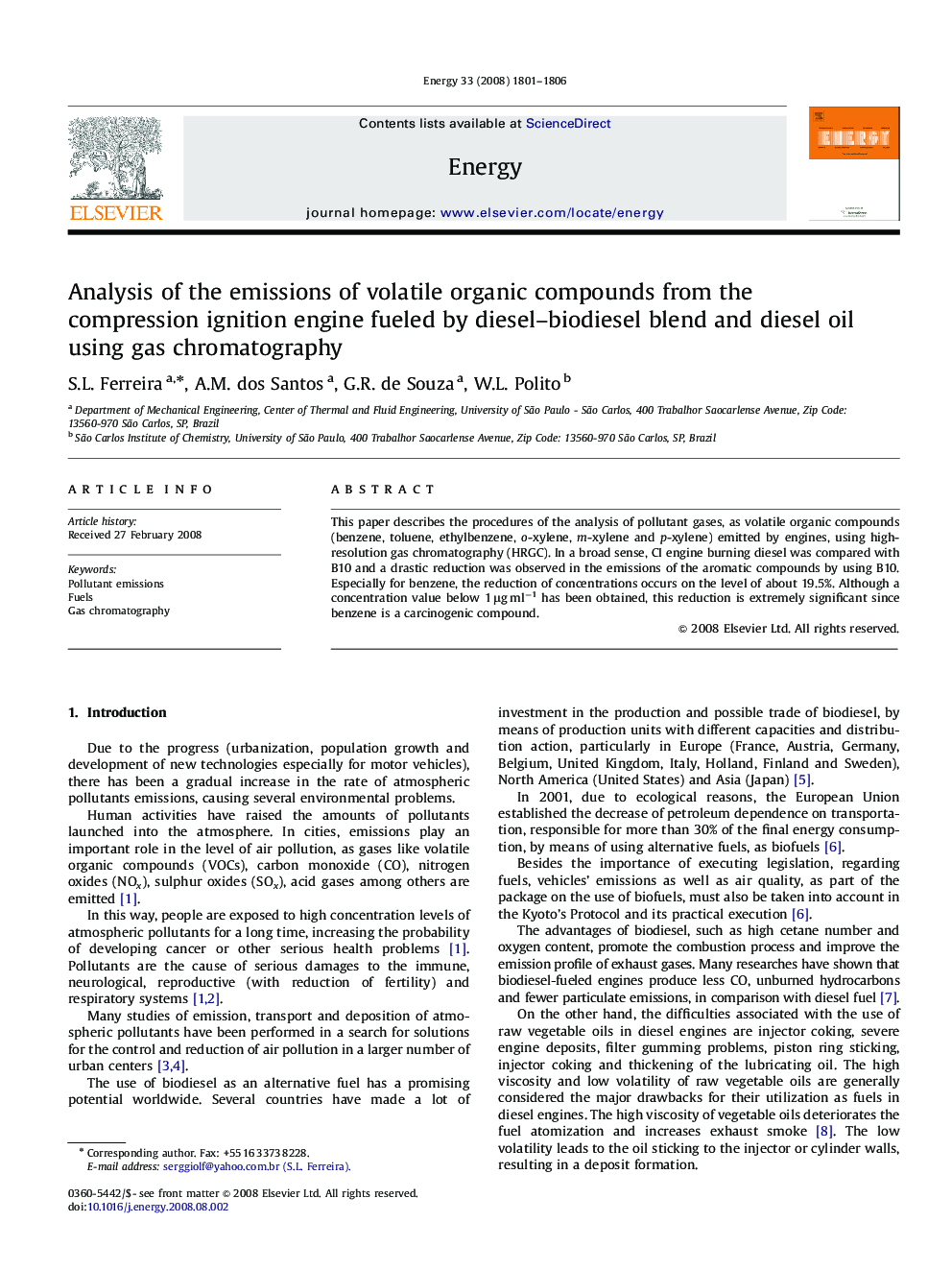 Analysis of the emissions of volatile organic compounds from the compression ignition engine fueled by diesel–biodiesel blend and diesel oil using gas chromatography