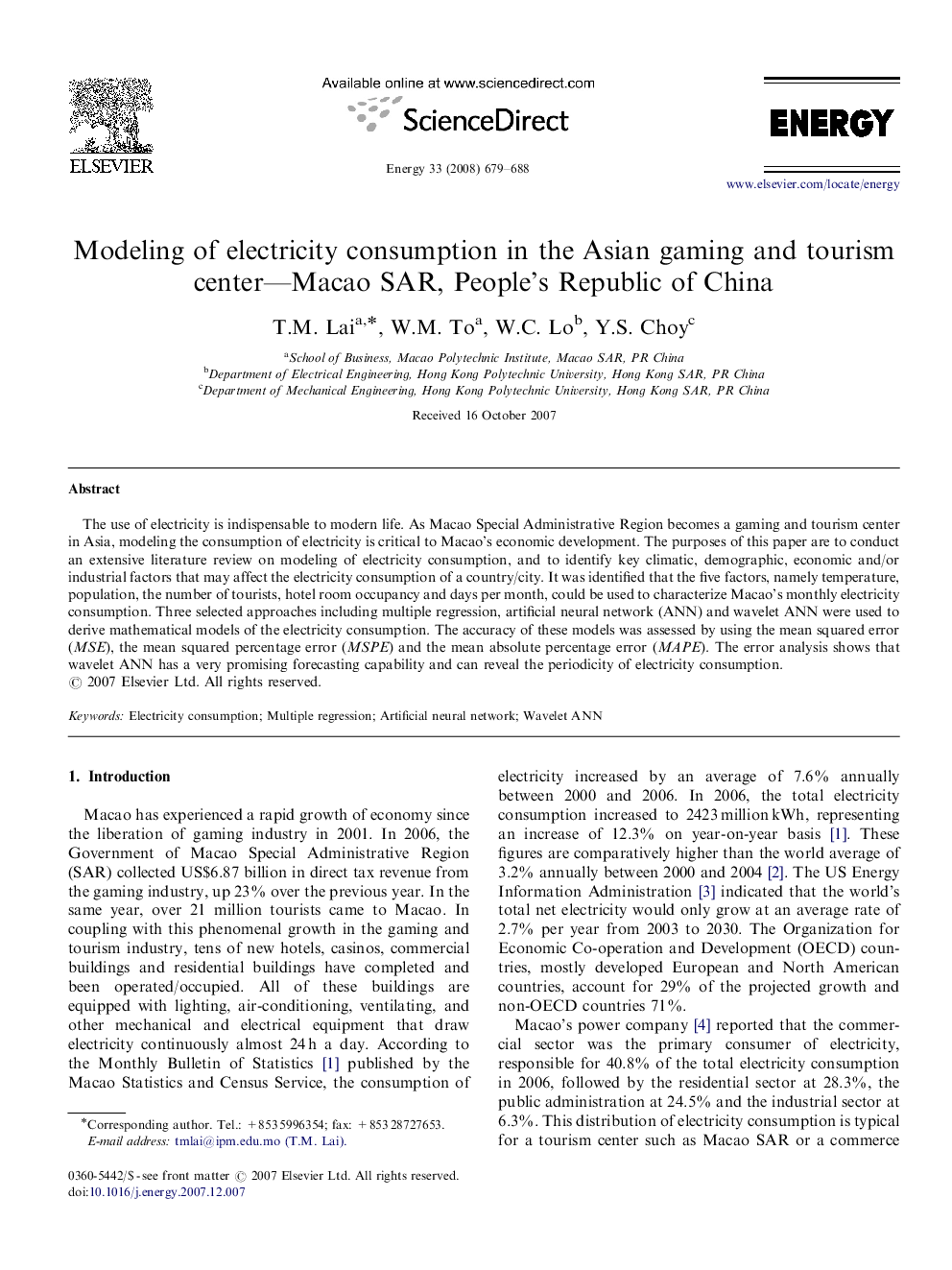 Modeling of electricity consumption in the Asian gaming and tourism center—Macao SAR, People's Republic of China