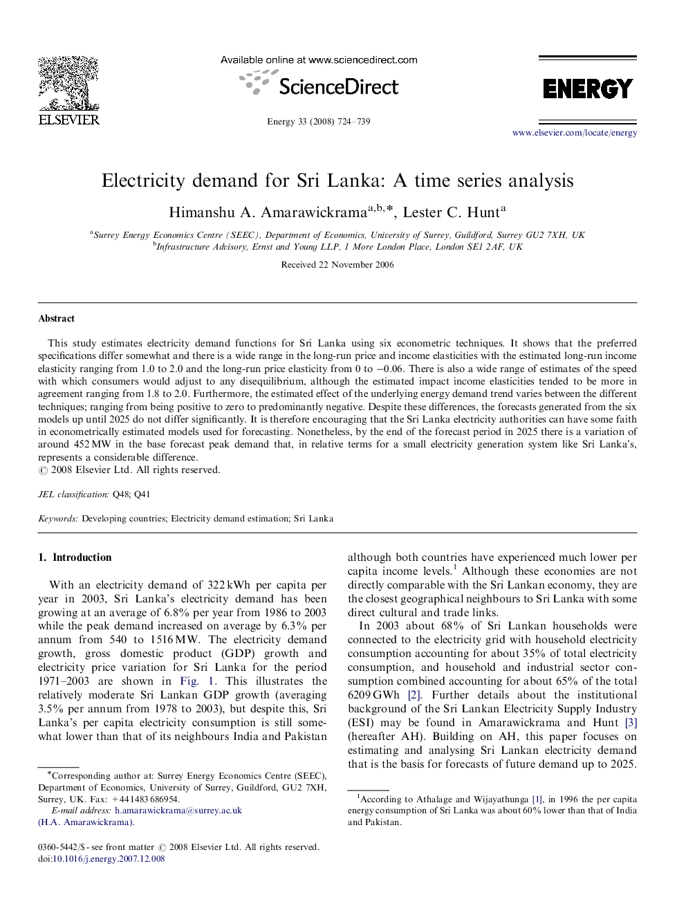 Electricity demand for Sri Lanka: A time series analysis