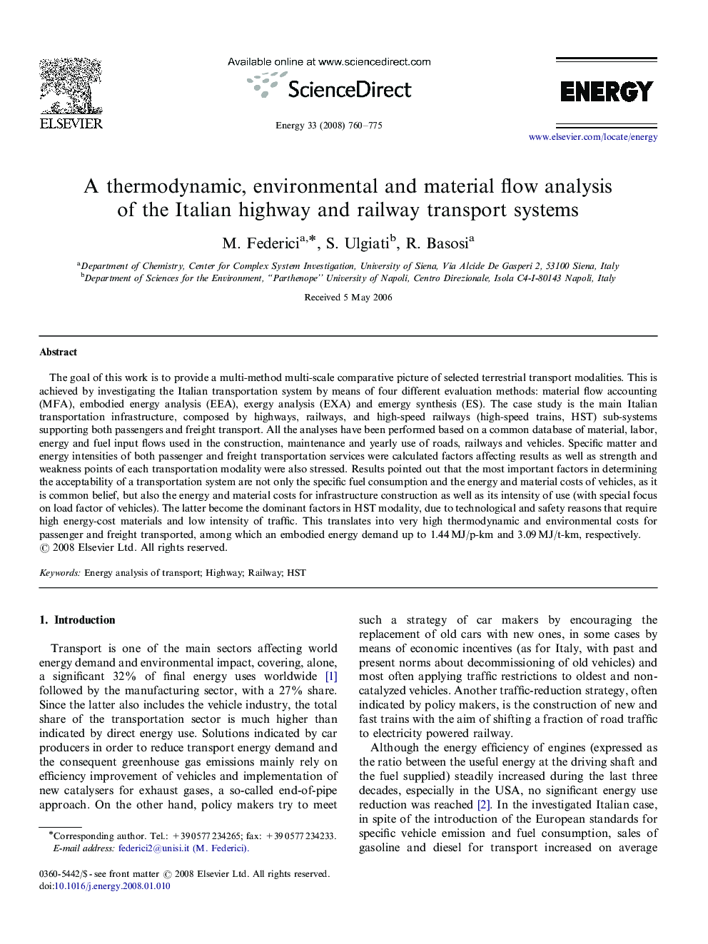 A thermodynamic, environmental and material flow analysis of the Italian highway and railway transport systems