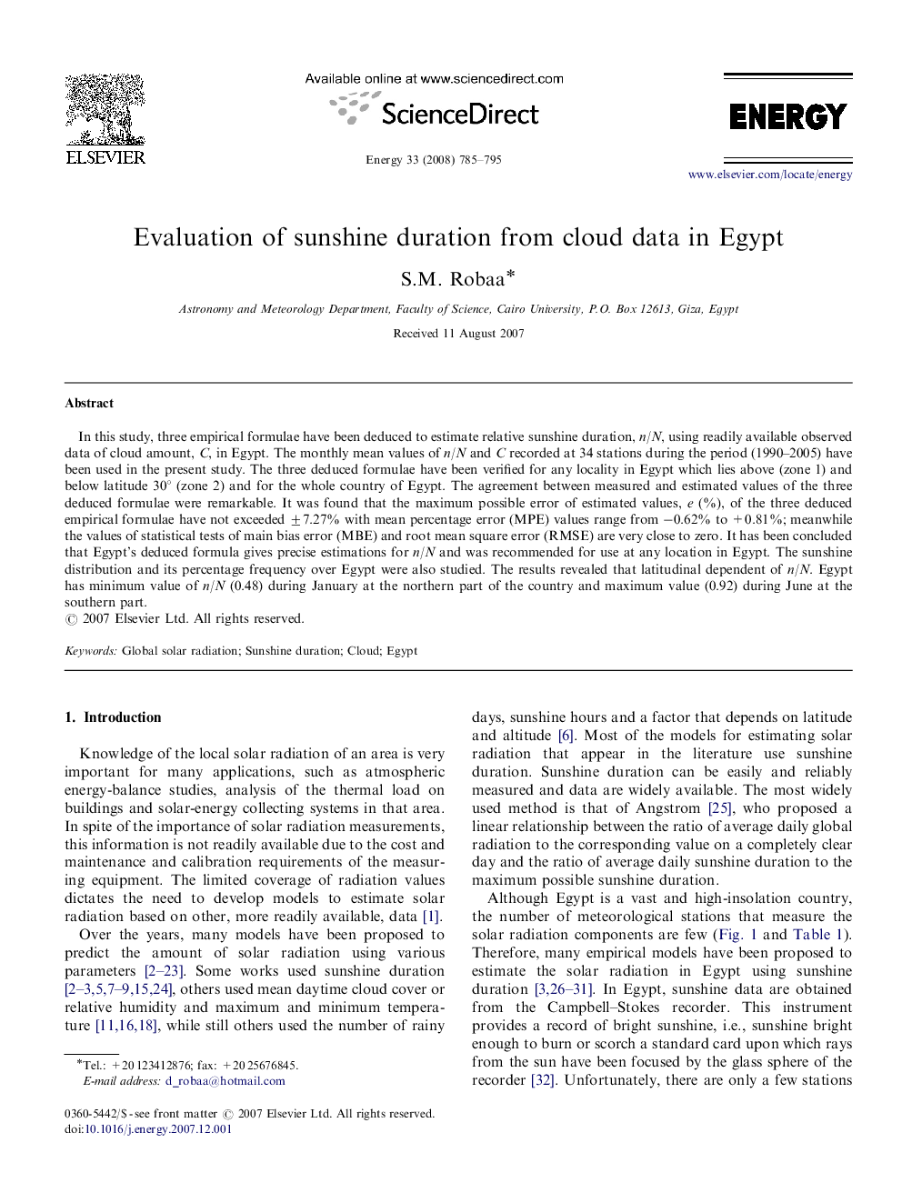 Evaluation of sunshine duration from cloud data in Egypt