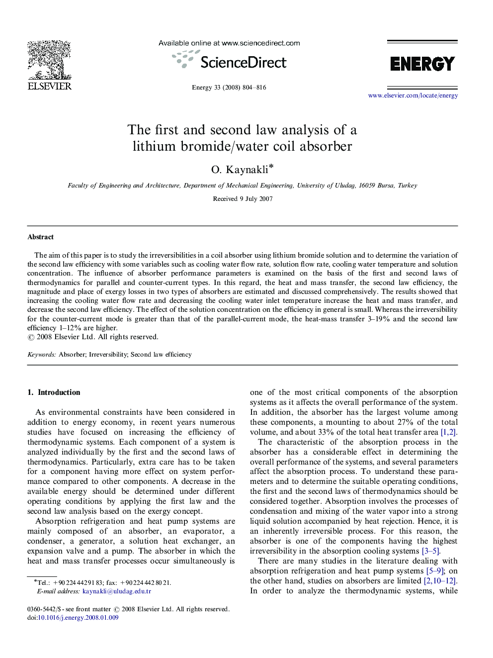 The first and second law analysis of a lithium bromide/water coil absorber