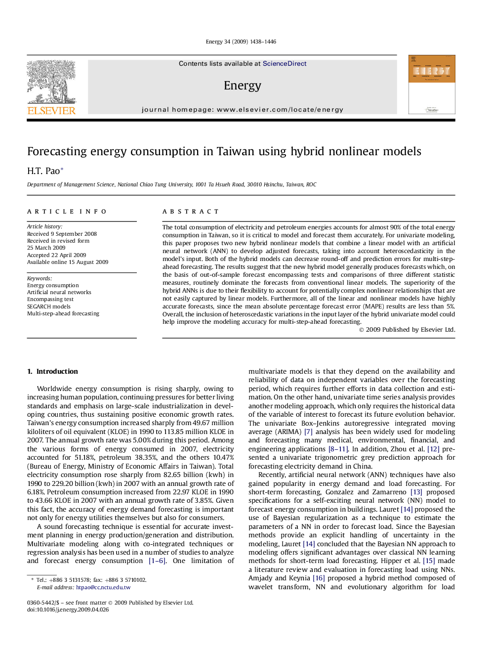 Forecasting energy consumption in Taiwan using hybrid nonlinear models