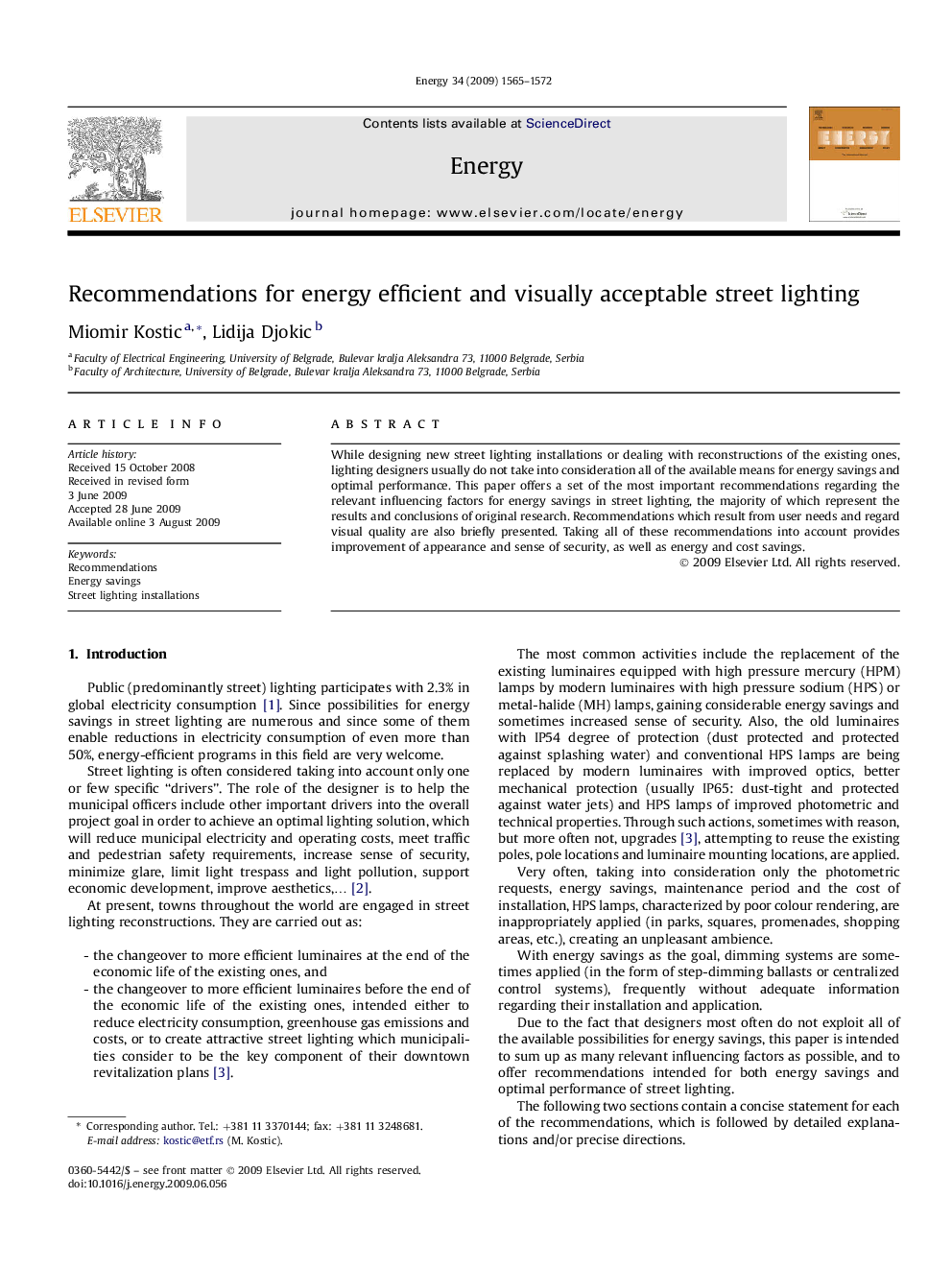 Recommendations for energy efficient and visually acceptable street lighting