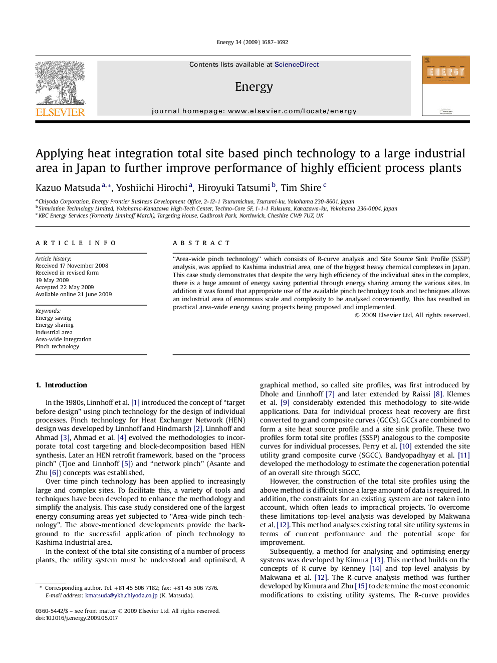 Applying heat integration total site based pinch technology to a large industrial area in Japan to further improve performance of highly efficient process plants