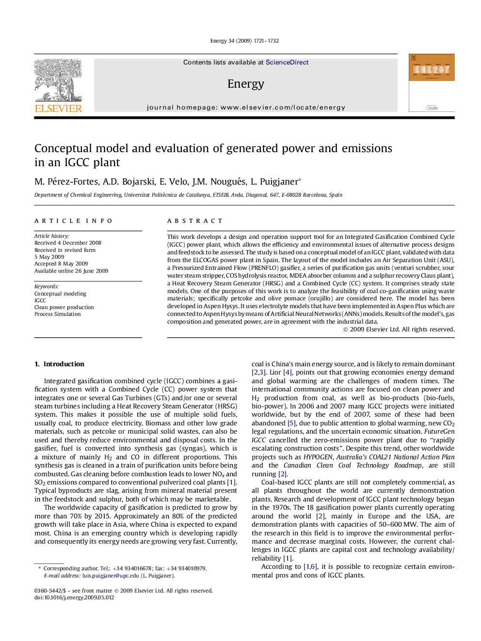 Conceptual model and evaluation of generated power and emissions in an IGCC plant