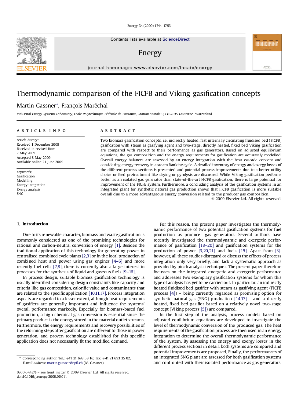 Thermodynamic comparison of the FICFB and Viking gasification concepts