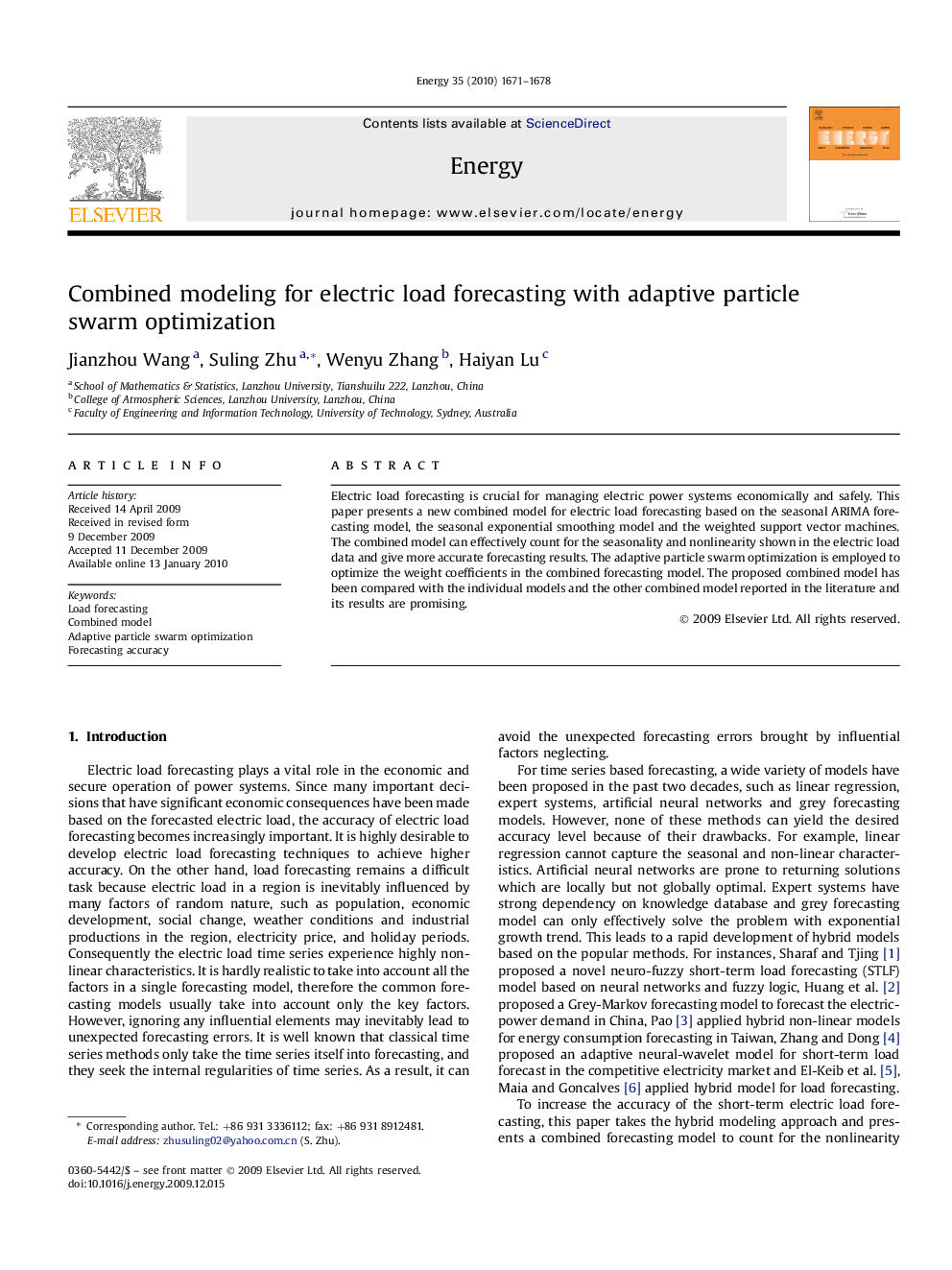 Combined modeling for electric load forecasting with adaptive particle swarm optimization