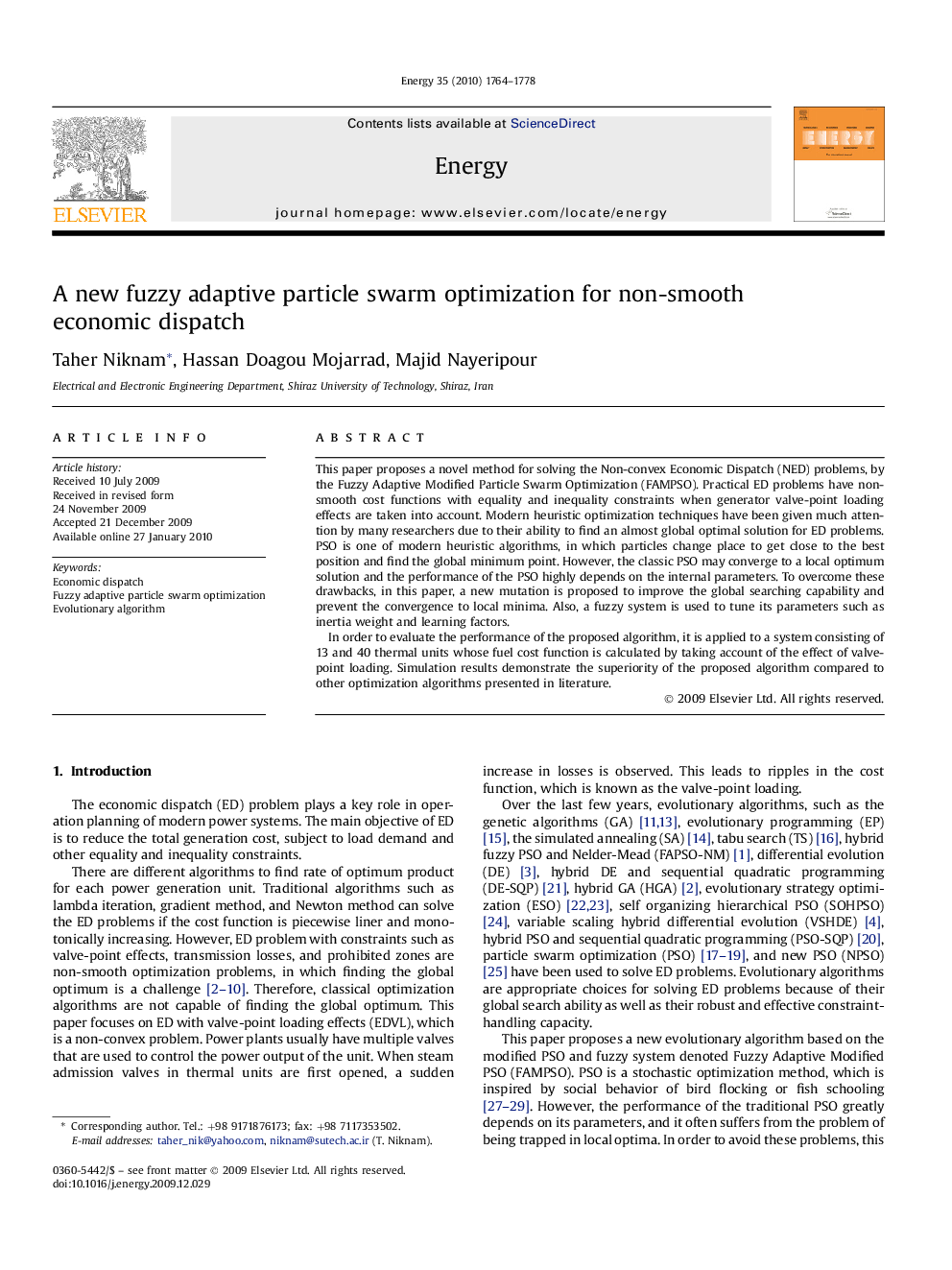 A new fuzzy adaptive particle swarm optimization for non-smooth economic dispatch