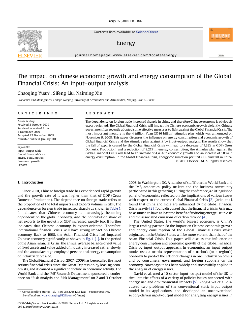 The impact on chinese economic growth and energy consumption of the Global Financial Crisis: An input–output analysis