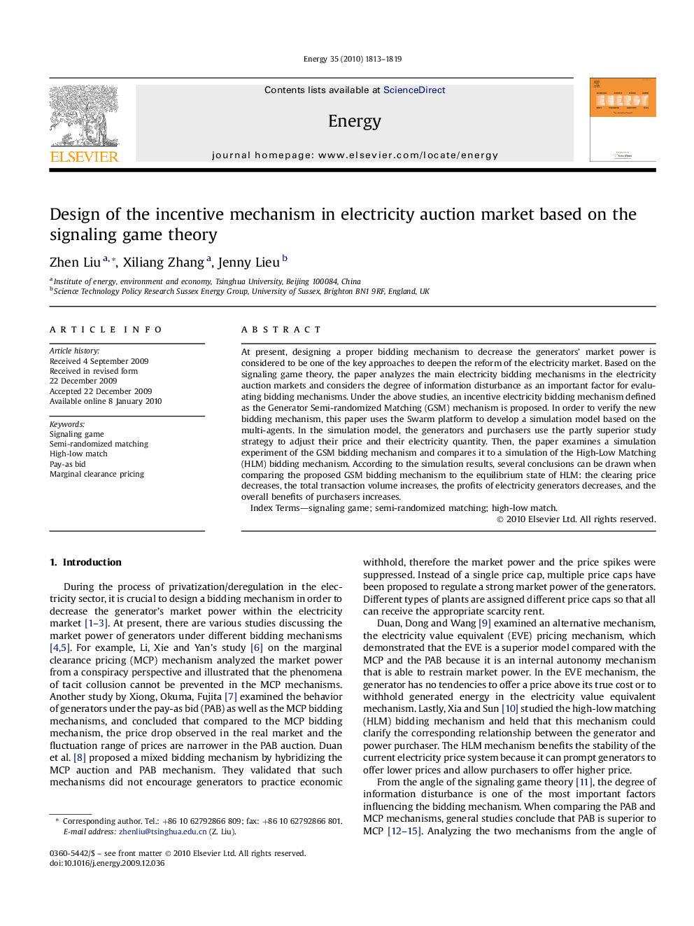 Design of the incentive mechanism in electricity auction market based on the signaling game theory