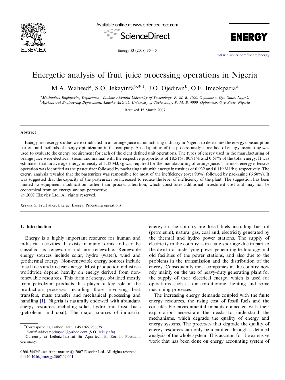 Energetic analysis of fruit juice processing operations in Nigeria