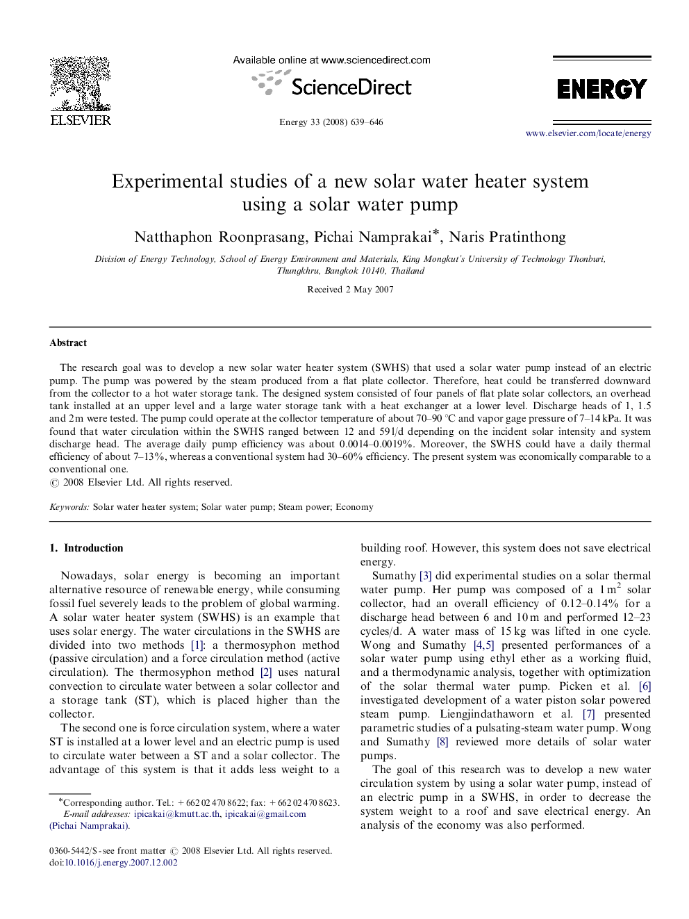 Experimental studies of a new solar water heater system using a solar water pump