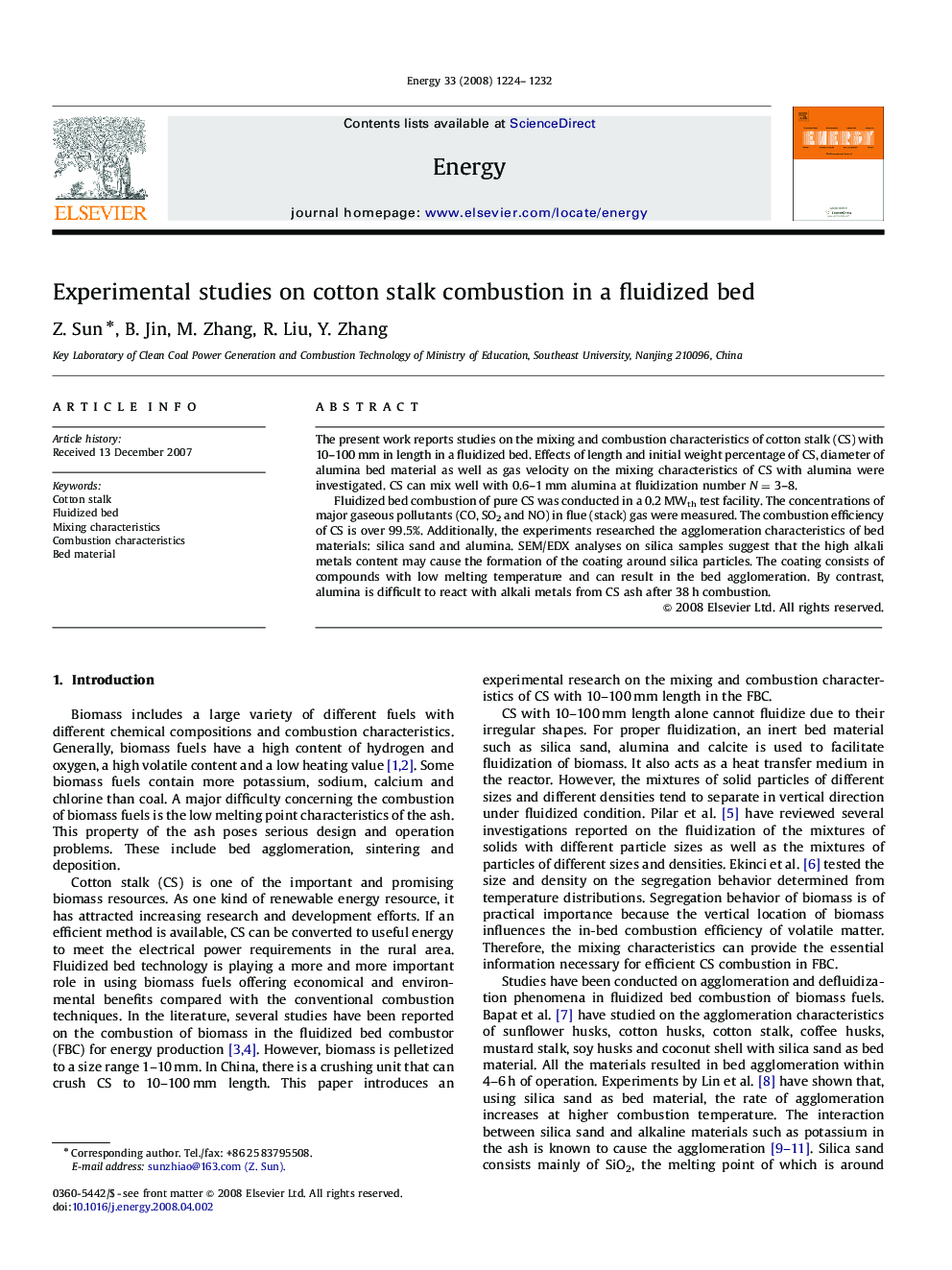 Experimental studies on cotton stalk combustion in a fluidized bed