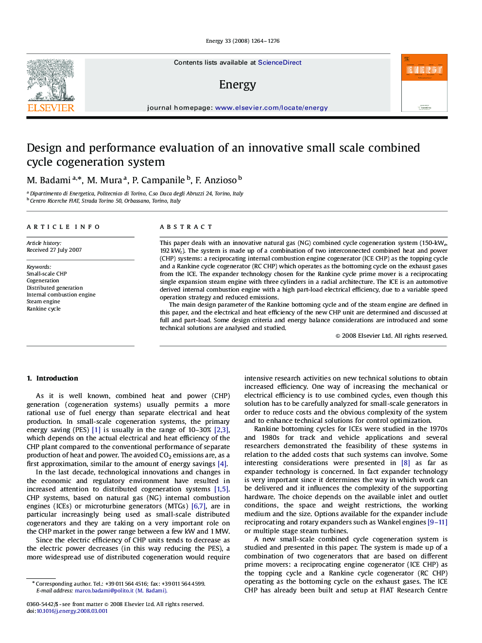 Design and performance evaluation of an innovative small scale combined cycle cogeneration system