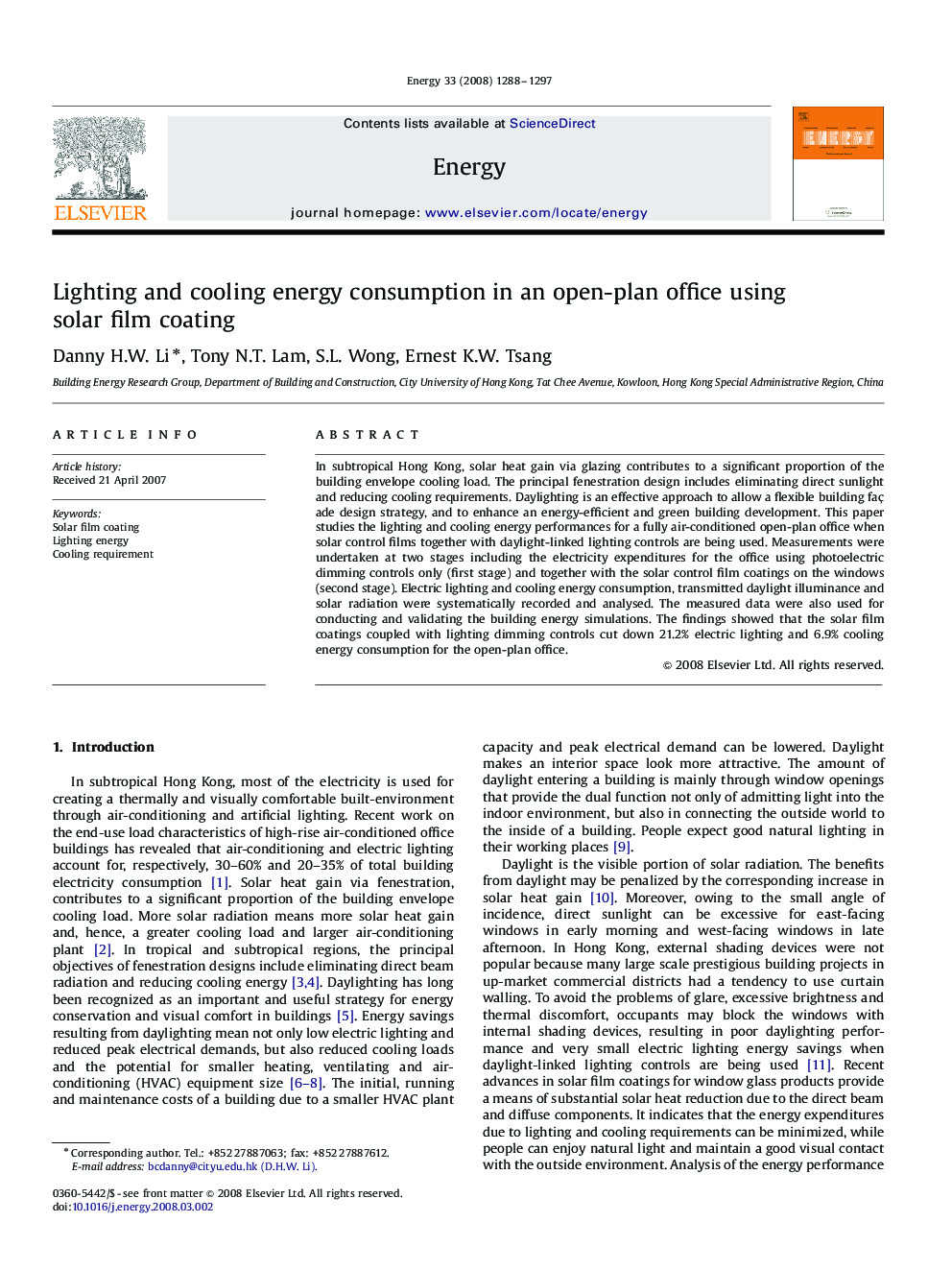 Lighting and cooling energy consumption in an open-plan office using solar film coating