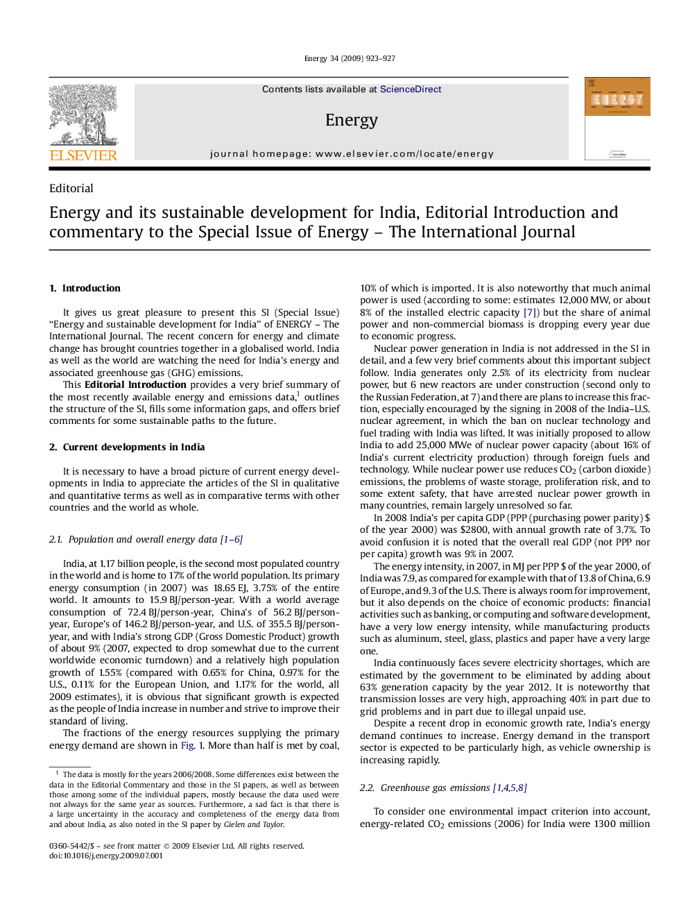 Energy and its sustainable development for India, Editorial Introduction and commentary to the Special Issue of Energy - The International Journal