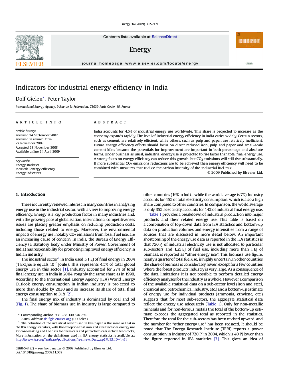 Indicators for industrial energy efficiency in India