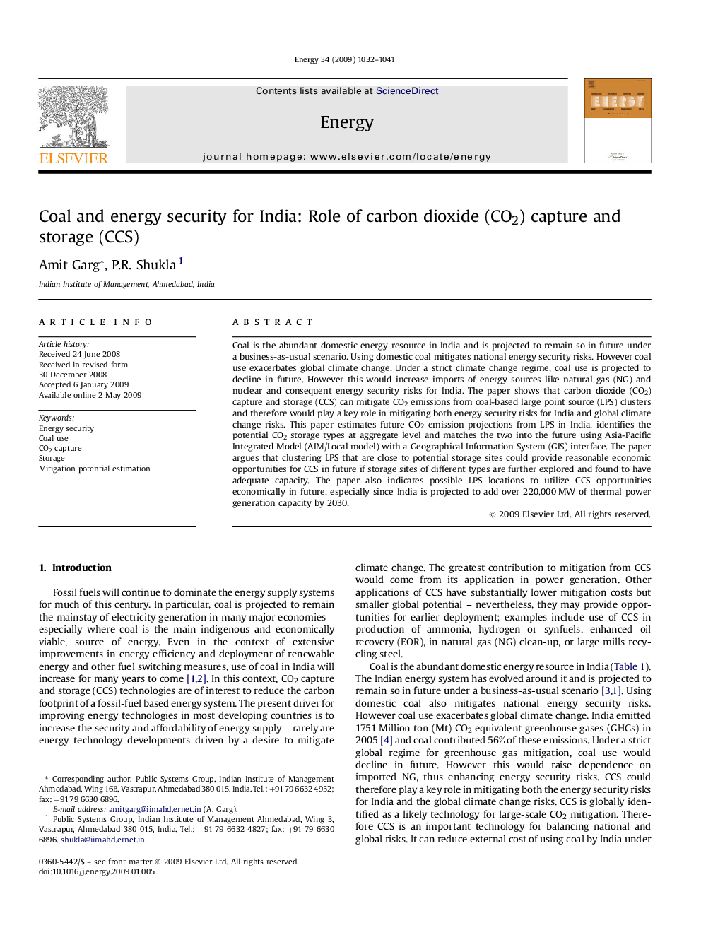 Coal and energy security for India: Role of carbon dioxide (CO2) capture and storage (CCS)