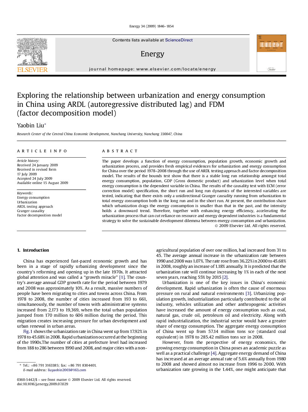 Exploring the relationship between urbanization and energy consumption in China using ARDL (autoregressive distributed lag) and FDM (factor decomposition model)