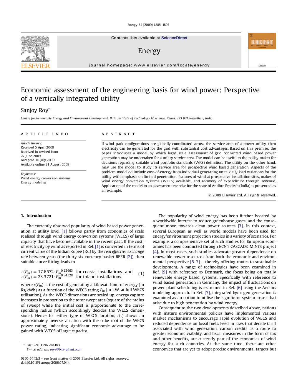 Economic assessment of the engineering basis for wind power: Perspective of a vertically integrated utility