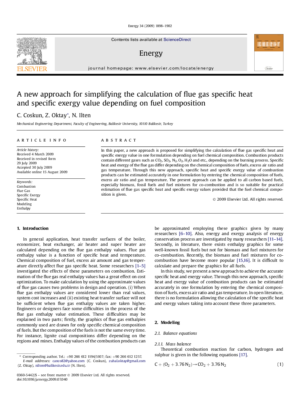 A new approach for simplifying the calculation of flue gas specific heat and specific exergy value depending on fuel composition