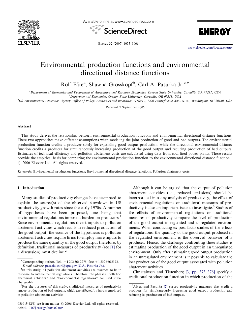 Environmental production functions and environmental directional distance functions