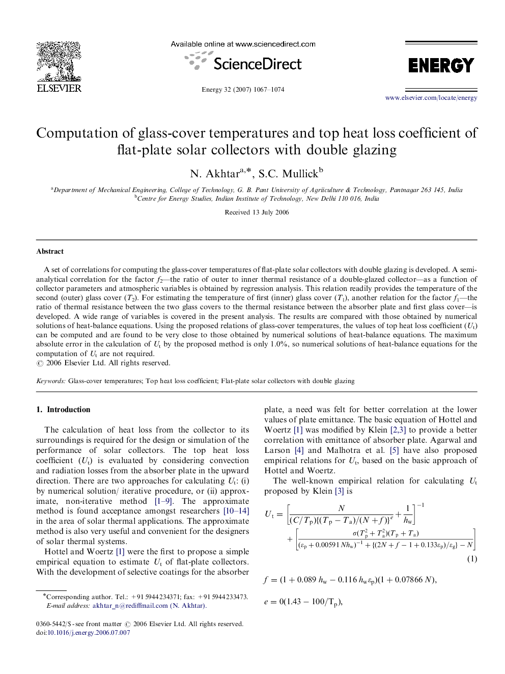 Computation of glass-cover temperatures and top heat loss coefficient of flat-plate solar collectors with double glazing