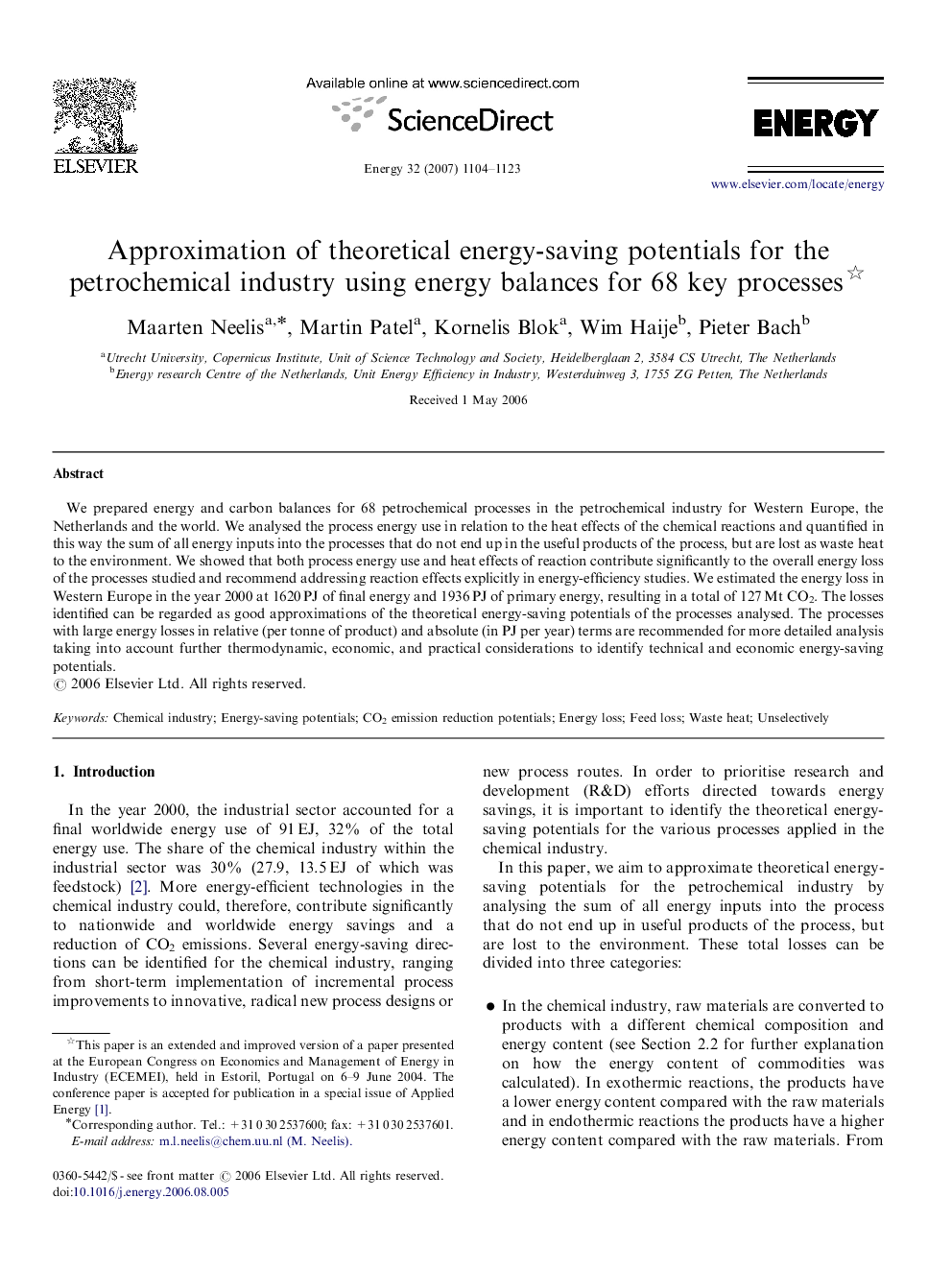 Approximation of theoretical energy-saving potentials for the petrochemical industry using energy balances for 68 key processes 