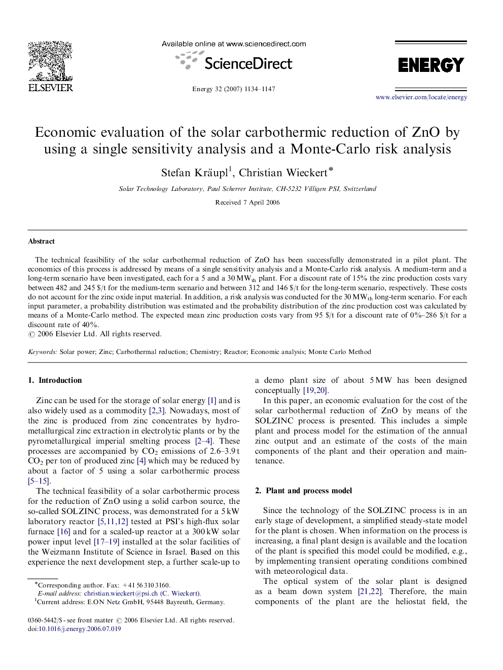 Economic evaluation of the solar carbothermic reduction of ZnO by using a single sensitivity analysis and a Monte-Carlo risk analysis