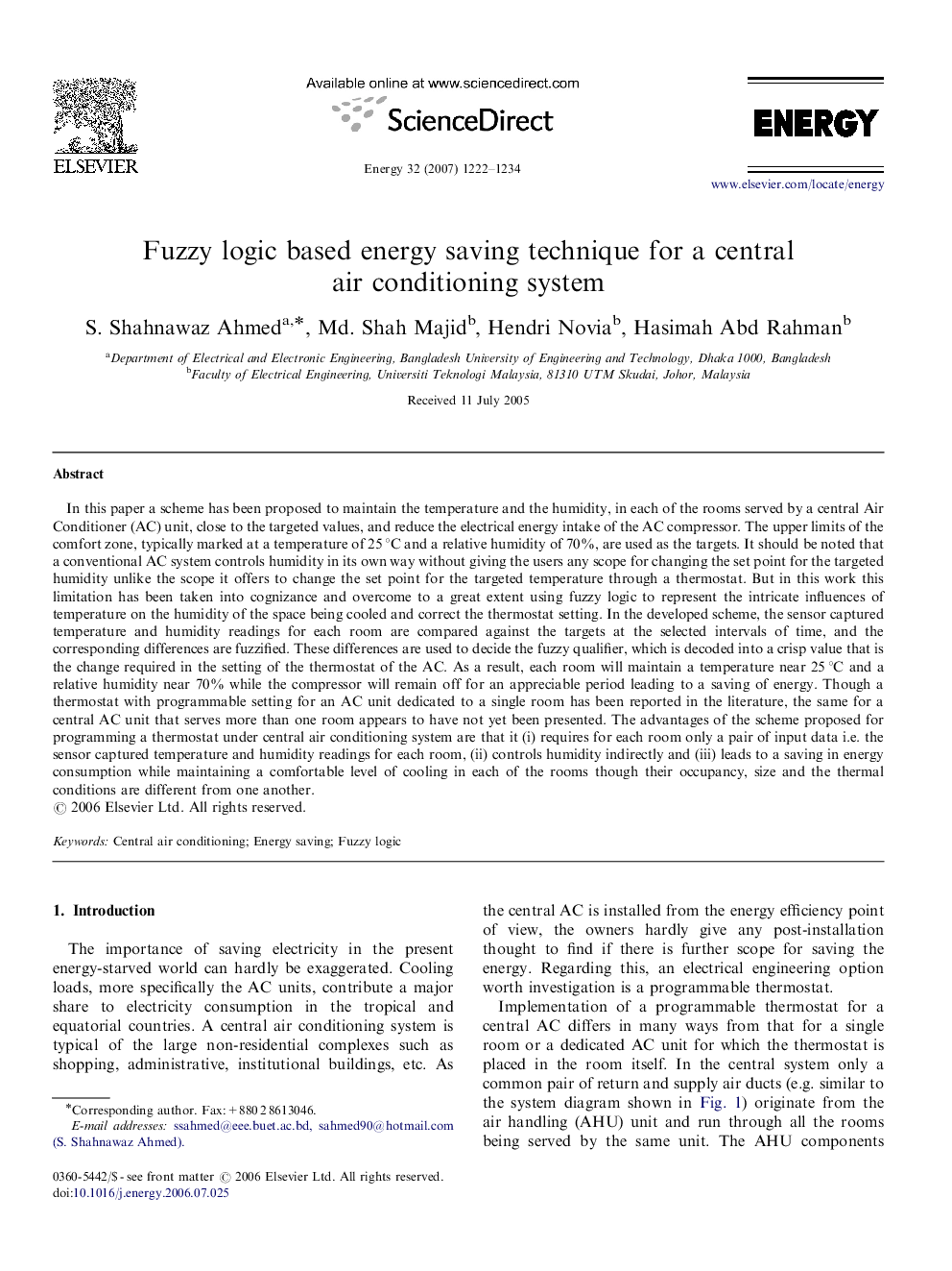 Fuzzy logic based energy saving technique for a central air conditioning system