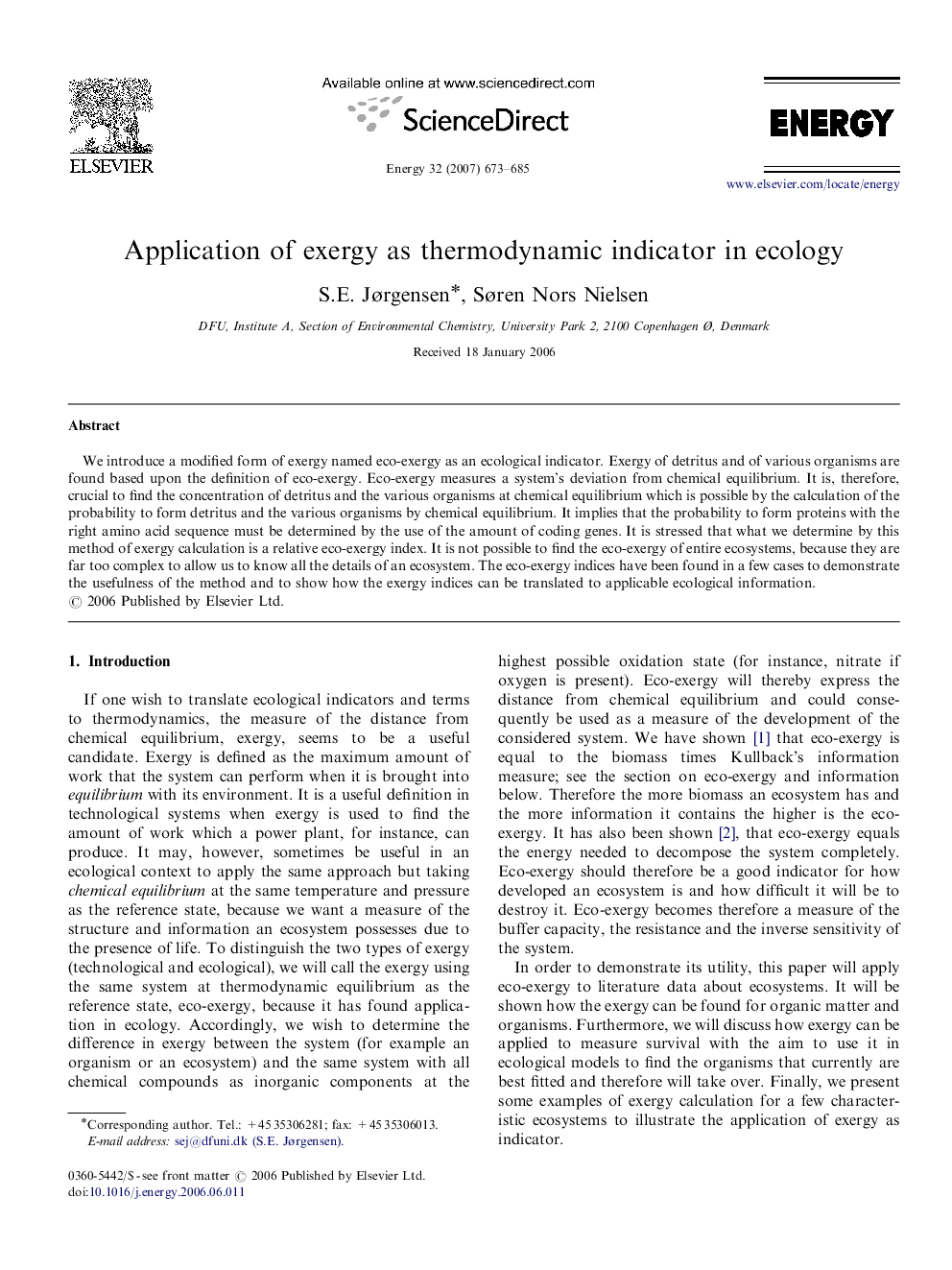 Application of exergy as thermodynamic indicator in ecology