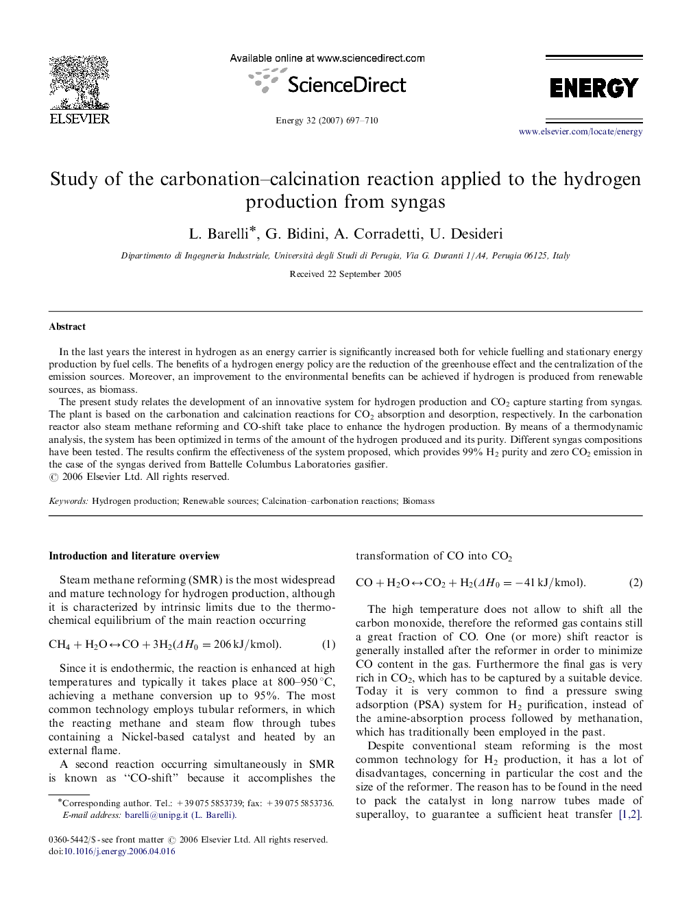 Study of the carbonation–calcination reaction applied to the hydrogen production from syngas