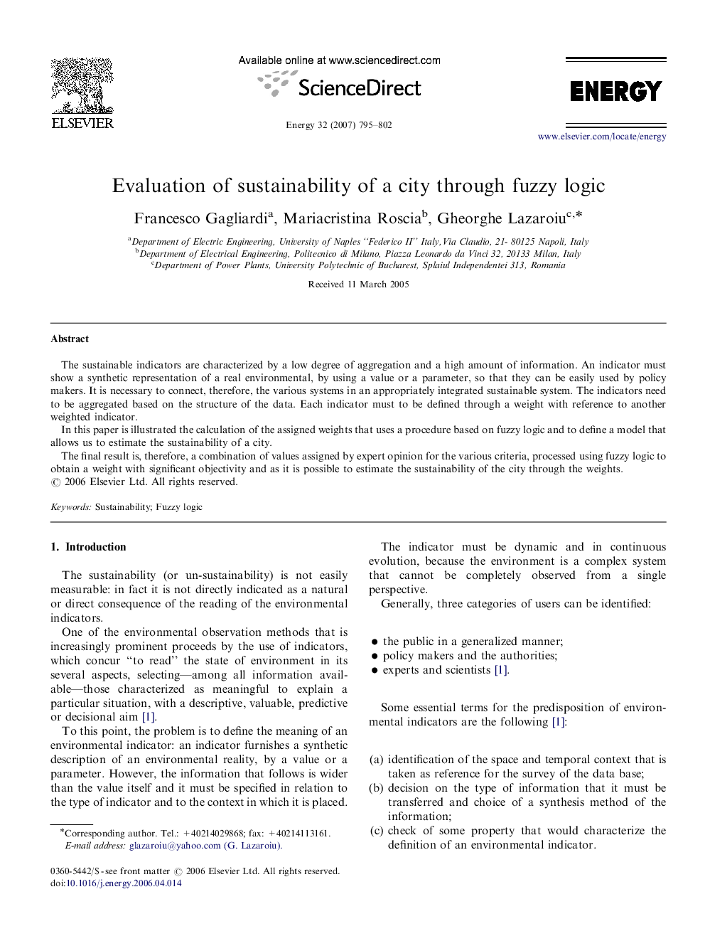 Evaluation of sustainability of a city through fuzzy logic