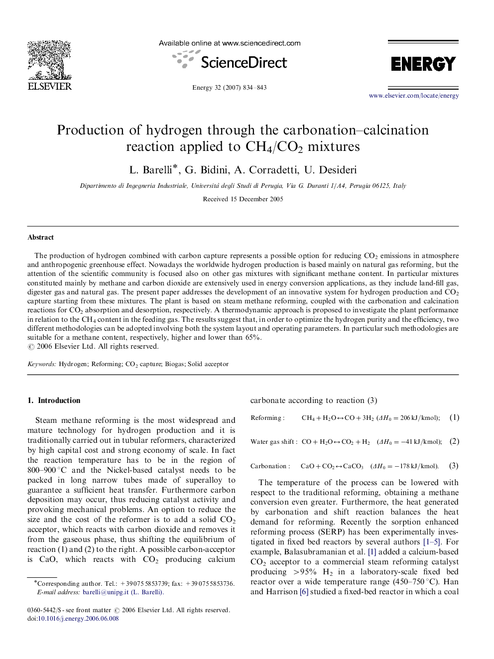 Production of hydrogen through the carbonation–calcination reaction applied to CH4/CO2 mixtures