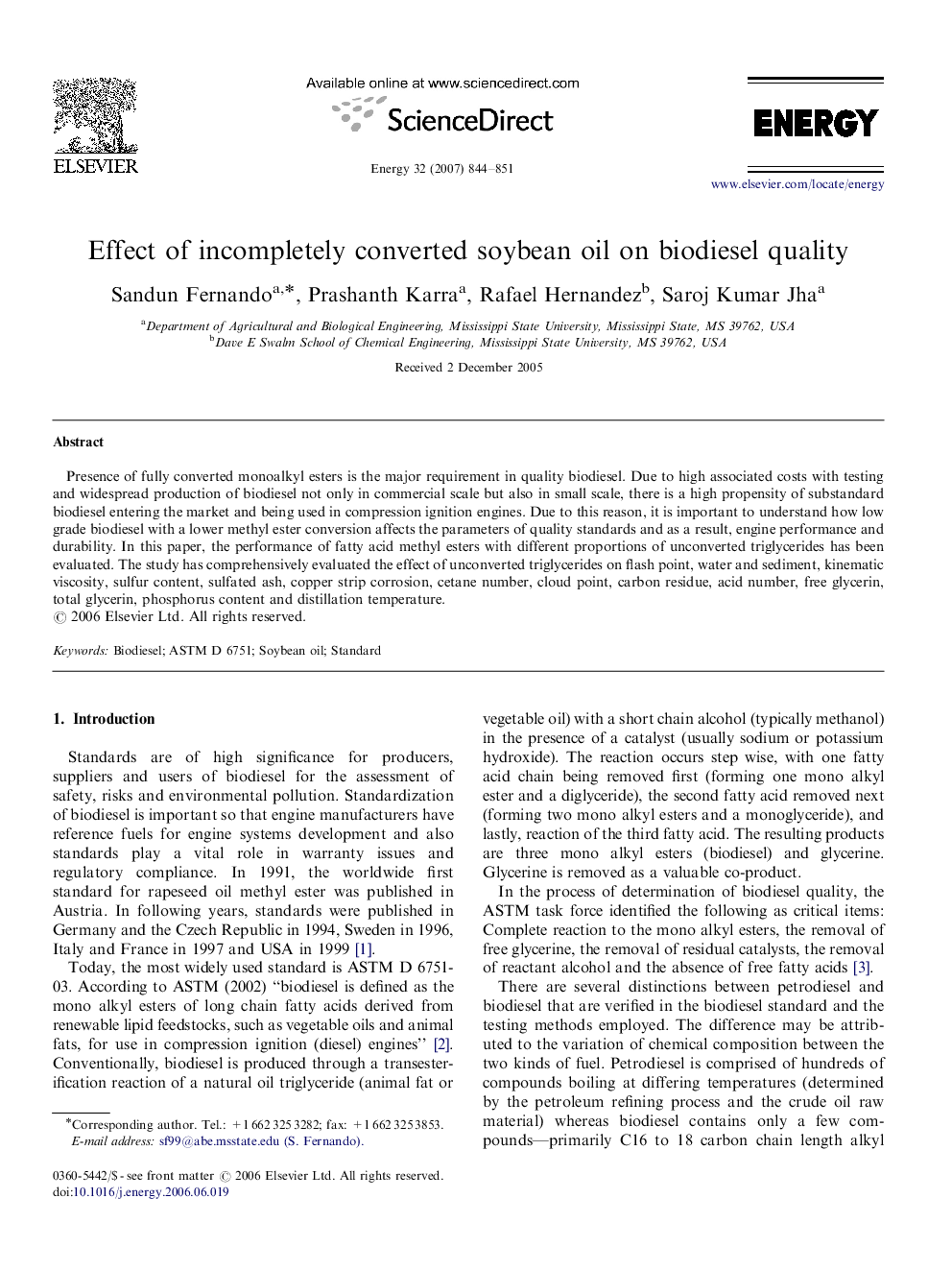 Effect of incompletely converted soybean oil on biodiesel quality