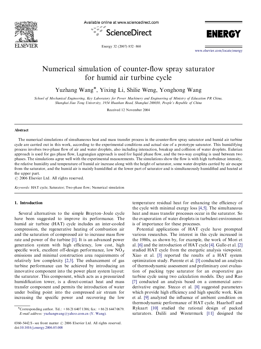 Numerical simulation of counter-flow spray saturator for humid air turbine cycle